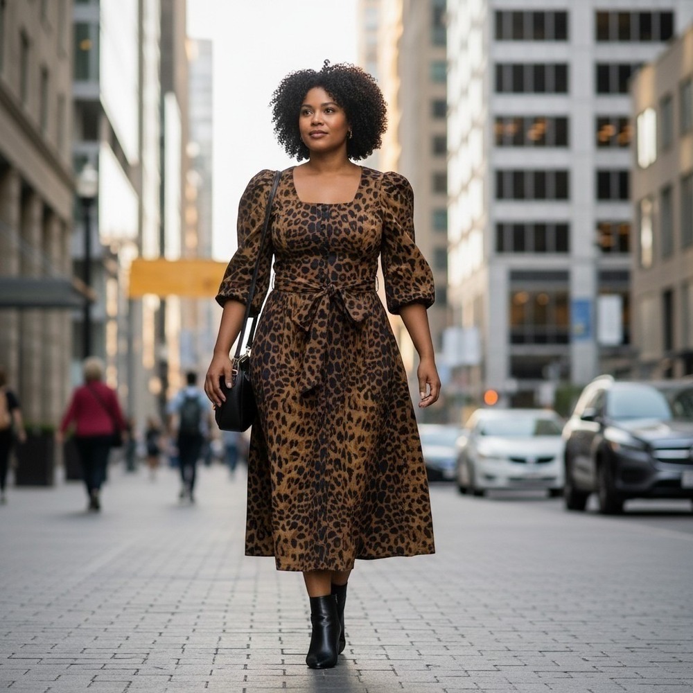 Tuckernuck Graciela Dress Sz 6 Brown Leopard Print Midi Square Neck Puff Sleeve